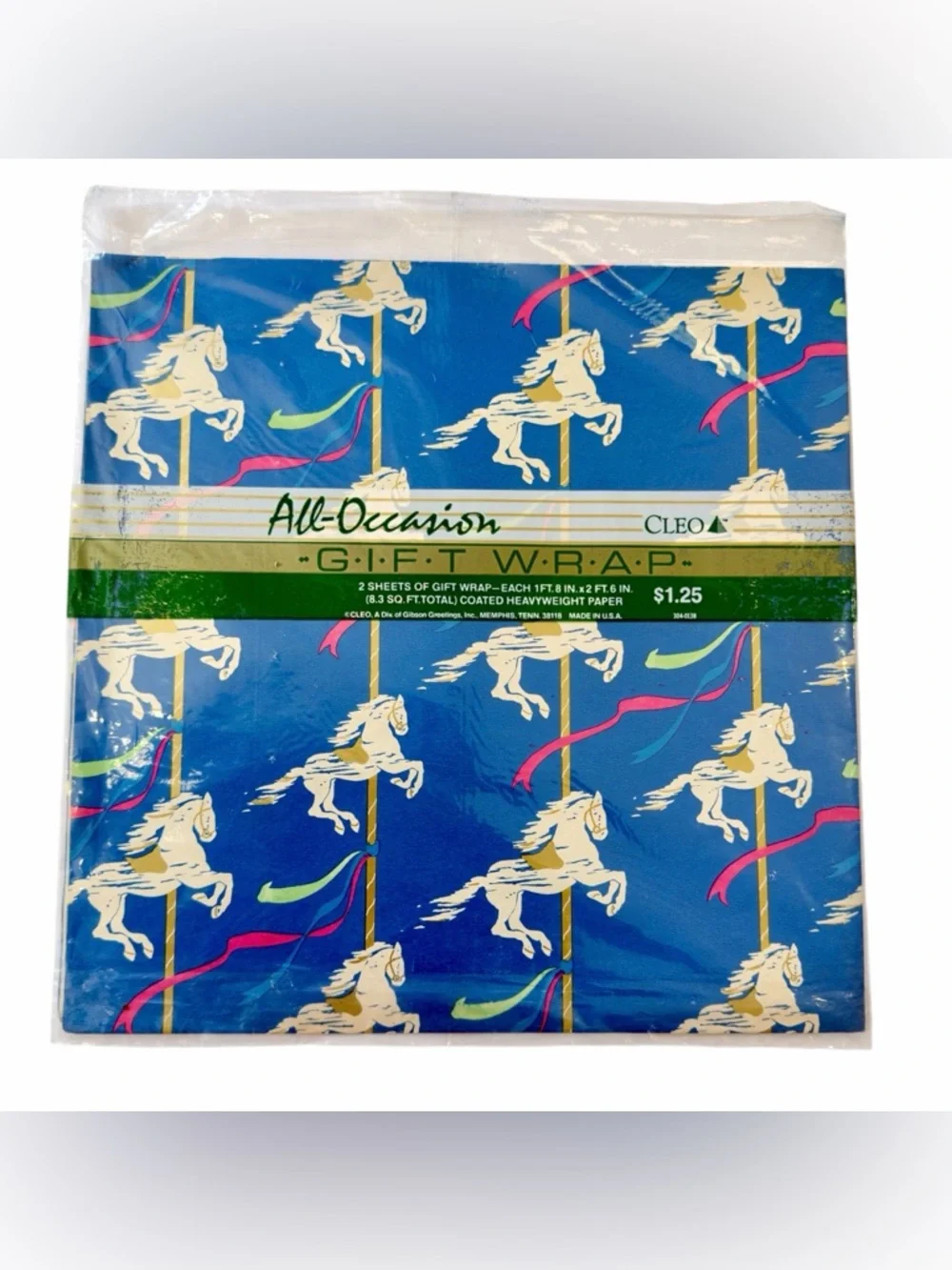 VTG Cleo Wrapping Paper Gift Wrap Flat Folds All Occasion Carousel Horses